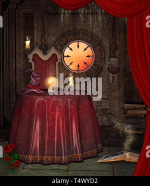 The fortune teller table with golden crystal ball, a witch hat and a candle Stock Photo