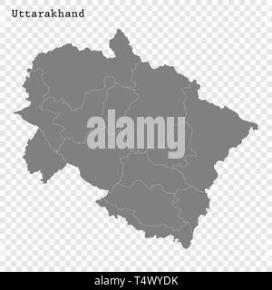 High Quality map of Uttarakhand is a state of India, with borders of the districts Stock Vector