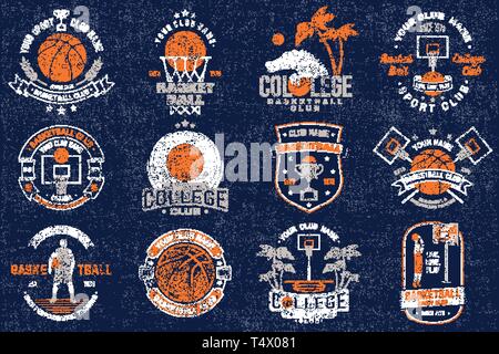 Set of basketball club badge. Vector illustration. Graphic design for t-shirt, tee, print or apparel. Vintage typography design with basketball hoop and ball silhouette. Sport poster, banner, flyer Stock Vector