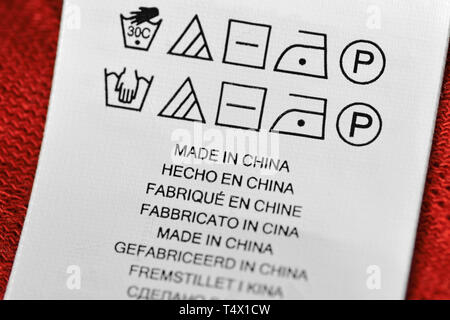 Made in China label with washing instructions Stock Photo