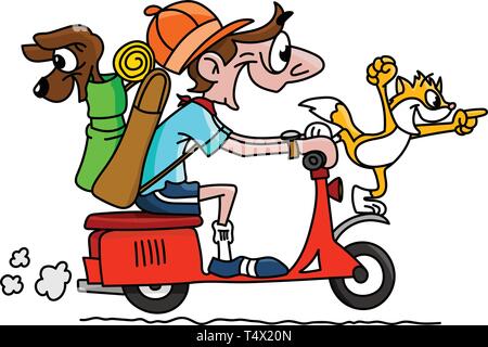 Cartoon man traveling on a motorcycle with his dog and cat vector illustration Stock Vector
