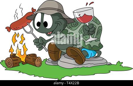 Cartoon turtle cooking sausages on fire and drinking wine in the forest, camping alone vector illustration Stock Vector