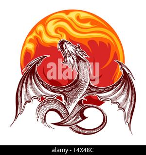 Flying fire-breathing Dragon on flame background. Vector illustration. Stock Vector