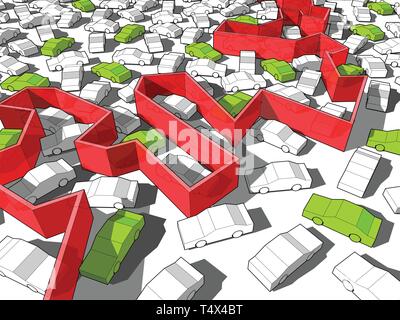 Green ecological cars standing out from others in giant traffic jam are blocked by endless wall Stock Vector