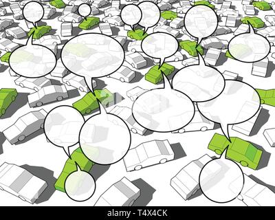 Green ecological cars standing out from others in giant traffic jam and speech comic bubbles are above some cars Stock Vector