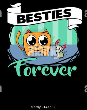Besties forever a cartoon graphic illustration of a cat and mouse as friends.  Besties is a pop saying meaning best friends.  Fun concept of friendshi Stock Photo