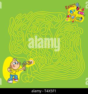 On vector illustration maze puzzle in which a boy bully shoots a slingshot at the tins Stock Vector