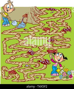 In the vector illustration, a maze puzzle with children who dig a channel for watering flowers in the garden. Stock Vector
