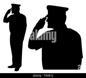 Soldier, officer, captain, admiral, policeman, sailor or firefighter saluting. Side view. Stock Photo