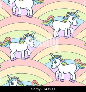 Seamless funny pattern with cute fantasy unicorns on rainbows Stock Photo