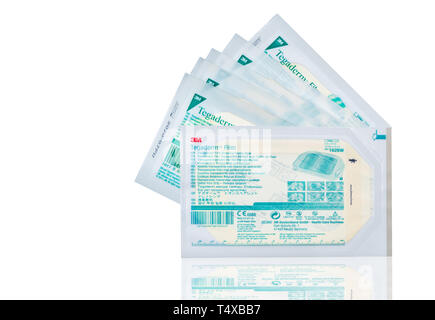CHONBURI, THAILAND-OCTOBER 27, 2018 : Tegaderm Pad film dressing with non-adherent pad. Sterile dressings for first aid. Waterproof and breathable Stock Photo