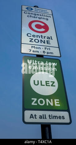 London street sign.  New road highway signage for the Ultra Low Emission Zone or ULEZ. Stock Photo