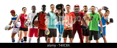 Sport collage. Tennis, running, badminton, soccer and american football, basketball, handball, volleyball, boxing, MMA fighter and rugby players. Fit woman and men standing isolated on white background. Stock Photo