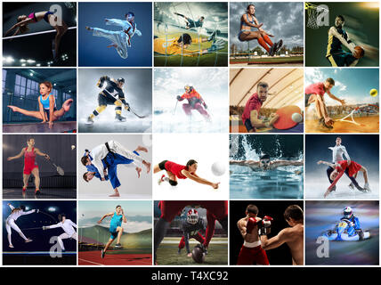 Sport collage about table tennis, badminton, gymnastics, boxing ...