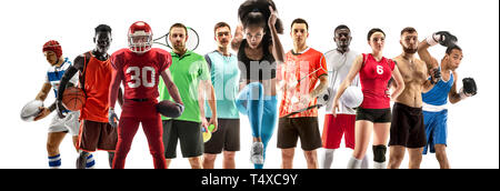 Sport collage. Tennis, running, badminton, soccer and american football, basketball, handball, volleyball, boxing, MMA fighter and rugby players. Fit woman and men standing isolated on white background. Stock Photo