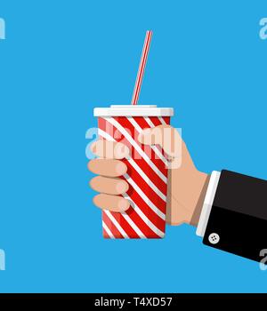 Red striped paper glass with drinking straw in hand. Disposable cup for beverages. Fast food. Vector illustration in flat style Stock Vector