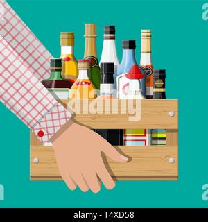 Alcohol drinks collection in box in hand. Bottles with vodka champagne wine whiskey beer brandy tequila cognac liquor vermouth gin rum absinthe sambuc Stock Vector