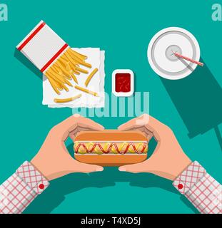Tasty hotdog, red striped paper glass with drinking straw, french fries in white paper box. Cup of cola with fries and hot dog. Man eating fast food.  Stock Vector