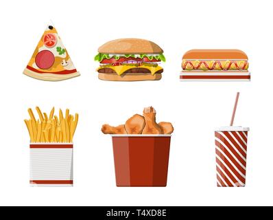 Tasty burger, red striped paper glass with drinking straw, french fries in white paper box, chicken legs in bucket, pizza and hotdog. Fast food. Vecto Stock Vector