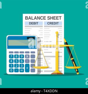 Balance sheet with calculator, scales and pen. Financial reports statement and documents. Accounting, bookkeeping, debit and credit calculations. Vect Stock Vector