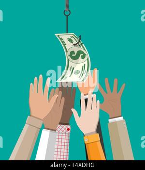 Hands trying to get dollar on fishing hook. Money trap concept. Hidden wages, salaries black payments, tax evasion, bribe. Anti corruption. Vector ill Stock Vector