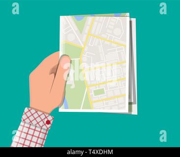Folded paper city suburban map in hand. Abstract generic map with roads, buildings, parks, river, lake. GPS and navigation. Vector illustration in fla Stock Vector