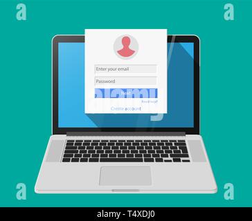Member login form into account managment page on laptop screen, ui element, web site, mobile app, secure login. Vector illustratiom in flat style Stock Vector