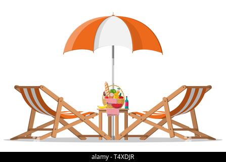 Sun lounger, umbrella, table with wIcker picnic basket full of products, wine, sausage, bacon and cheese, apple, tomato, cucumber, salad juice. Picnic Stock Vector