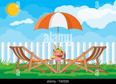 Sun lounger, umbrella, table with wIcker picnic basket full of products, wine, sausage, bacon and cheese, apple, tomato, cucumber, salad juice. Picnic Stock Vector