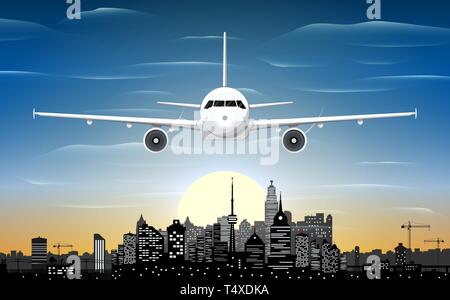 Airplane and city skyline silhouette at sunset. Skyscappers, towers, office and residental buildings. Cityscape under sky, clouds and sun. Vector illu Stock Vector