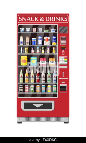 Automatic vending machine with food and drinks. Bottles and cans with drinks, chips, chocolate and other snacks. Vector illustration in flat style Stock Vector