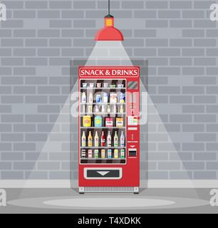 Automatic vending machine with food and drinks. Bottles and cans with drinks, chips, chocolate and other snacks. Lamp, brick wall. Vector illustration Stock Vector