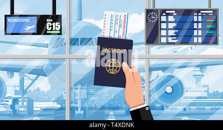 Hand with passport and airline ticket. Plane before takeoff. Airport control tower, terminal building and parking area. Cityscape. Sky with clouds and Stock Vector