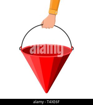 Red metal fire bucket for sand or water in hand. Fire equipment. Vector illustration in flat style Stock Vector