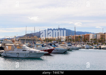 GARRUCHA, SPAIN - JANUARY 23, 2019   A beautiful marina with luxury yachts and motor boats in the tourist seaside town of Garrucha Stock Photo