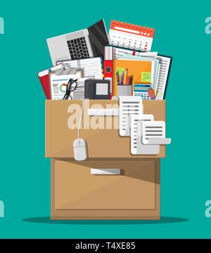 Office furniture. Case, box with folders, document papers, calendar, calculator, laptop and pencils, eyeglasses, book, ring binder and phone. Cabinet, Stock Vector