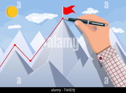 Businessman hand with pen draws line up. Flag on peak of mountain. Business success, target, triumph, goal achievement. Winning of competition. Rocky  Stock Vector