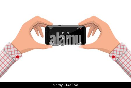 Modern smartphone with camera application. User interface of camera viewfinder. Focusing screen in recording time. Battery status, quality, image stab Stock Vector