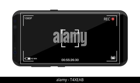 Modern smartphone with camera application. User interface of camera viewfinder. Focusing screen in recording time. Battery status, quality, image stab Stock Vector