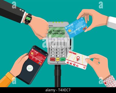 Hands with transport card, smartphone, smartwatch and bank card near POS terminal. Wireless, contactless or cashless payments, rfid nfc. Vector illust Stock Vector
