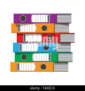Files, ring binders, colorful office folders. Side view. Bureaucracy, paperwork and office. Vector illustration in flat style Stock Vector
