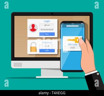 Two steps authentication concept. Computer monitor with login into account and hand with smartphone with sms app. Duo verification by phone and approv Stock Vector