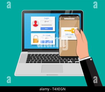 Two steps authentication concept. Laptop with login into account and hand with smartphone with sms app. Duo verification by phone and approvement. Vec Stock Vector