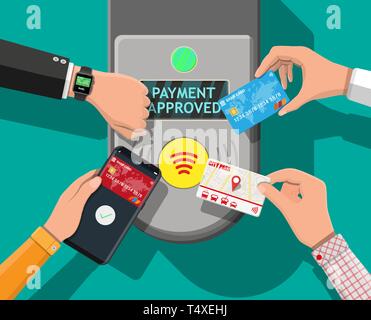 Hands with transport card, smartphone, smartwatch and bank card near terminal. Airport, metro, bus, subway ticket validator. Wireless contactless cash Stock Vector