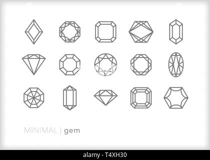 Set of 15 gem and jewel line icons of various cuts of diamonds and precious stones for jewelry Stock Vector