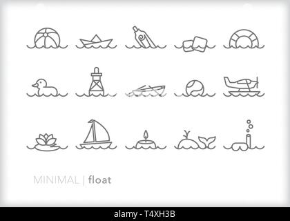 Set of 15 float line icons of items found in a pool, the ocean or other bodies of water Stock Vector