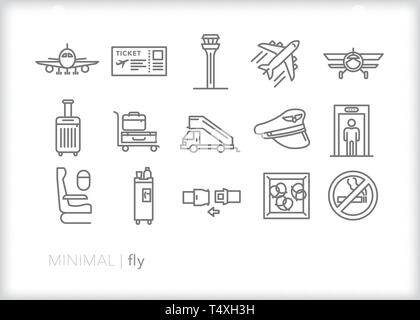 Set of 15 airplane, air travel and flying line icons for business and leisure travel from airports Stock Vector