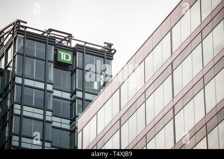 OTTAWA, CANADA - NOVEMBER 12, 2018: TD Bank logo in front of their branch for Ottawa Quebec. Also known as Toronto Dominon Canada Trust, it is one of  Stock Photo