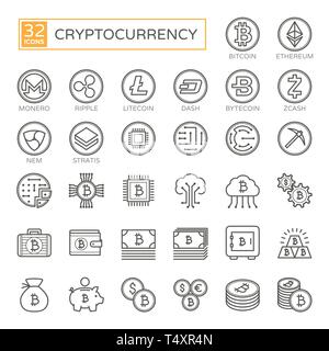 Cryptocurrency, bitcoin, blockchain - minimal thin line web icon set (32pc, simple outline vector icons collection) Stock Vector