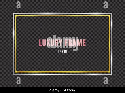 Vintage frame gold and silver shiny glowing isolated on transparent background. Luxury realistic rectangle border. Vector illustration Stock Vector